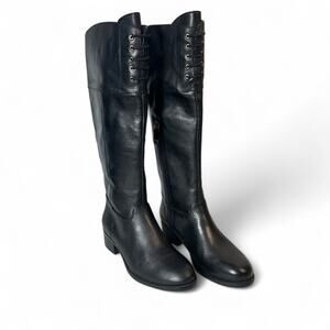 ISAAC MIZRAHI LIVE Black Leather Knee High Boots 6.5 Equestrian Goth Moto Twee